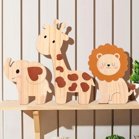 Bnesi Wooden Animal Nursery Wall Decor Set, Cute Giraffe Elephant Lion Decor for Baby Nursery & Woodland Nursery, Ideal Safari Nursery Decor & Baby Room Decor for Nature-Themed Nurseries (Cute) in Kuwait