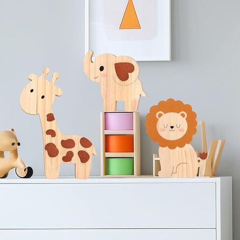 Bnesi Wooden Animal Nursery Wall Decor Set, Cute Giraffe Elephant Lion Decor for Baby Nursery & Woodland Nursery, Ideal Safari Nursery Decor & Baby Room Decor for Nature-Themed Nurseries (Cute) in Kuwait