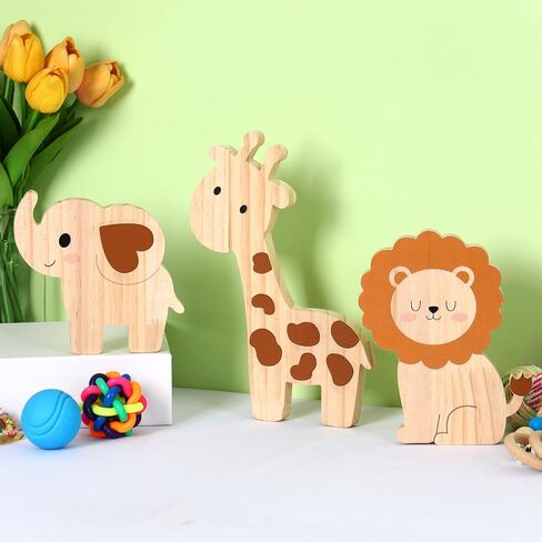 Bnesi Wooden Animal Nursery Wall Decor Set, Cute Giraffe Elephant Lion Decor for Baby Nursery & Woodland Nursery, Ideal Safari Nursery Decor & Baby Room Decor for Nature-Themed Nurseries (Cute) in Kuwait