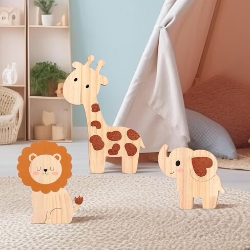 Bnesi Wooden Animal Nursery Wall Decor Set, Cute Giraffe Elephant Lion Decor for Baby Nursery & Woodland Nursery, Ideal Safari Nursery Decor & Baby Room Decor for Nature-Themed Nurseries (Cute) in Kuwait