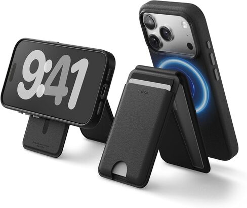 حامل محفظة مغناطيسي Elago متوافق مع Magsafe مع iPhone 16/15/14/13/12 سلسلة-جلد نباتي ، محفظة هاتف قابلة للتعديل ، آلية متعددة الزاوية ، وضغط البطاقة (أسود) in Kuwait