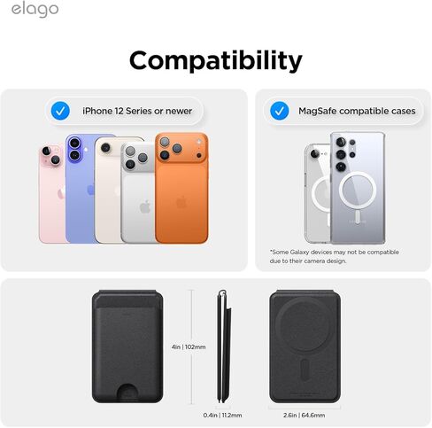حامل محفظة مغناطيسي Elago متوافق مع Magsafe مع iPhone 16/15/14/13/12 سلسلة-جلد نباتي ، محفظة هاتف قابلة للتعديل ، آلية متعددة الزاوية ، وضغط البطاقة (أسود) in Kuwait