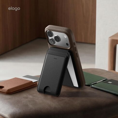 حامل محفظة مغناطيسي Elago متوافق مع Magsafe مع iPhone 16/15/14/13/12 سلسلة-جلد نباتي ، محفظة هاتف قابلة للتعديل ، آلية متعددة الزاوية ، وضغط البطاقة (أسود) in Kuwait