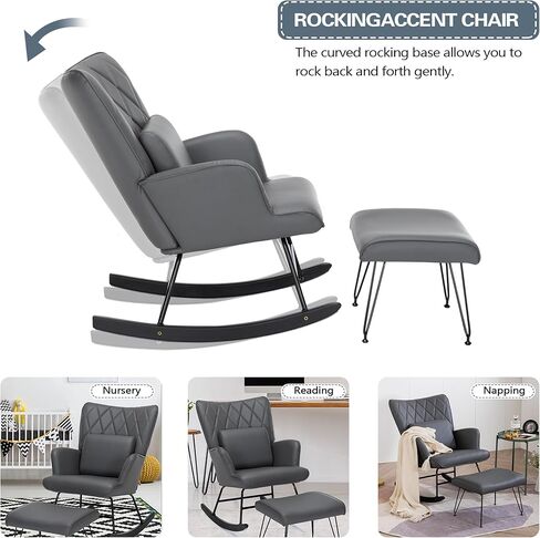 Bonrcea Nursery Rocking Chair, Glider Chair,Rocking Accent Chair with Lumbar Pillow and Ottoman for Nursery/Living Room/Bedroom in Saudi Arabia