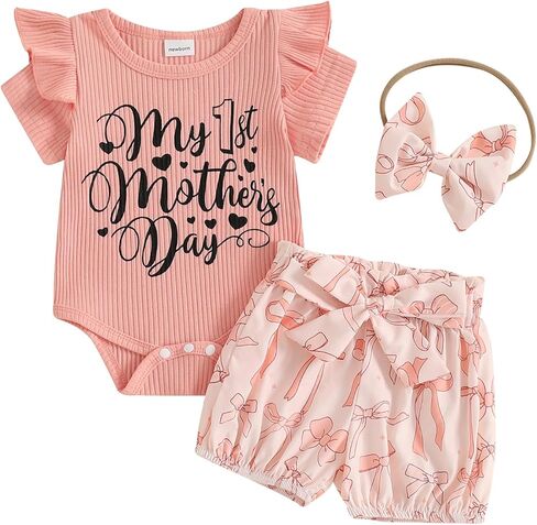 My 1st Mothers Day Baby Girl Outfit Ruffle Ribbed Romper Bloomer Shorts Headband Set Boutique Summer Clothes in Saudi Arabia