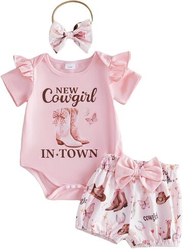 Baby Girl Western Clothes Infant Horse Boots Cowgirl Summer Outfits Short Sleeve Romper + Shorts + Headband in Saudi Arabia