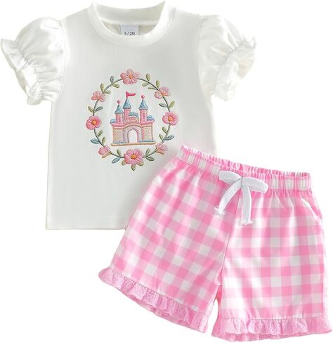 MA&BABY Toddler Girls Summer Outfit Bow Castle Embroidery T-Shirt Birthday Kids Girl Princess Clothes Striped Shorts Set in Kuwait