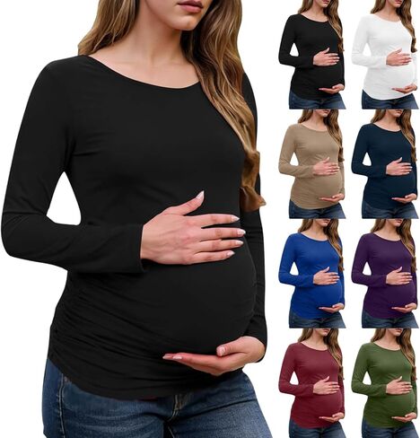 قمصان طويلة الأكمام للنساء قمصان الأمومة تمتد الأساسية الأمومة لينة سليم صالح الحمل Bodycon تونك القمم الأسود in Kuwait