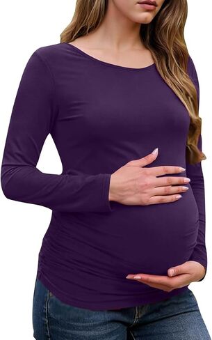 Long Sleeve Shirts for Women Maternity Tops Stretch Basic Maternity Shirts Soft Slim Fit Pregnancy Bodycon Tunic Tops Purple in Kuwait