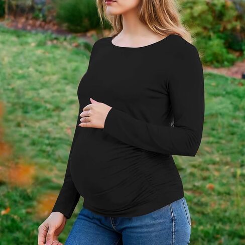 قمصان طويلة الأكمام للنساء قمصان الأمومة تمتد الأساسية الأمومة لينة سليم صالح الحمل Bodycon تونك القمم الأسود in Kuwait