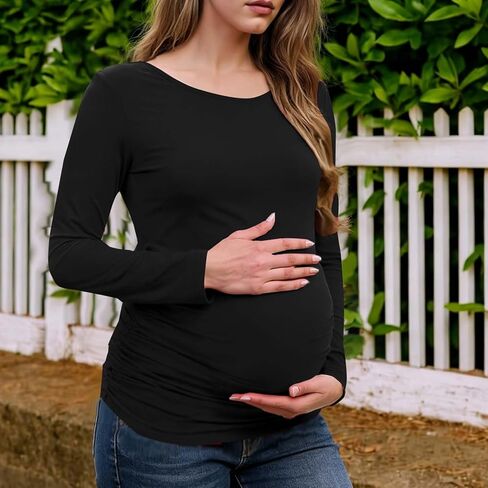 قمصان طويلة الأكمام للنساء قمصان الأمومة تمتد الأساسية الأمومة لينة سليم صالح الحمل Bodycon تونك القمم الأسود in Kuwait