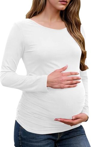 قمصان طويلة الأكمام للنساء قمصان الأمومة تمتد الأساسية الأمومة لينة سليم صالح الحمل Bodycon تونك القمم الأبيض in Kuwait