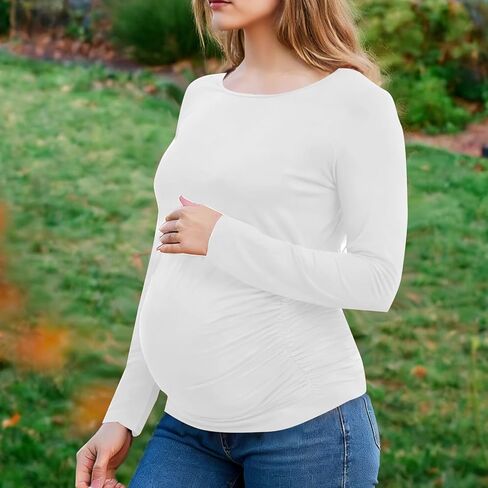قمصان طويلة الأكمام للنساء قمصان الأمومة تمتد الأساسية الأمومة لينة سليم صالح الحمل Bodycon تونك القمم الأبيض in Kuwait