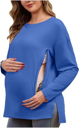 2026 Maternity Shirts for Women Long Sleeve Pregnancy Tops Zipper Split Side Maternity Shirt Comfy Basic Tunic Tops in Kuwait