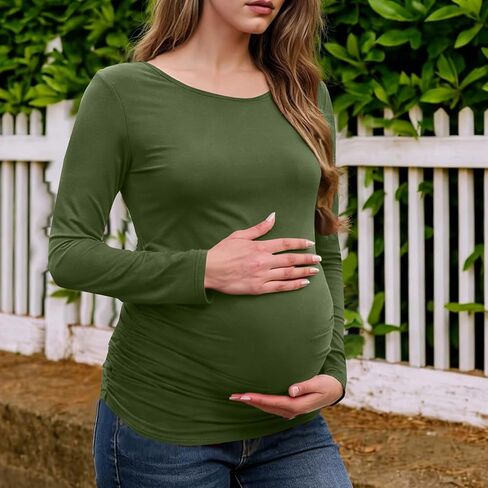 قمصان طويلة الأكمام للنساء قمصان الأمومة تمتد الأساسية الأمومة لينة سليم صالح الحمل Bodycon تونك القمم الجيش الأخضر in Kuwait