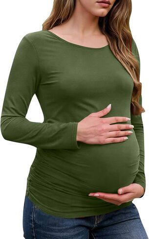 قمصان طويلة الأكمام للنساء قمصان الأمومة تمتد الأساسية الأمومة لينة سليم صالح الحمل Bodycon تونك القمم الجيش الأخضر in Kuwait