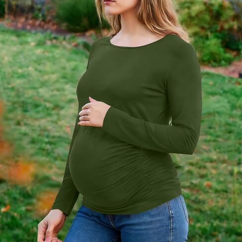 قمصان طويلة الأكمام للنساء قمصان الأمومة تمتد الأساسية الأمومة لينة سليم صالح الحمل Bodycon تونك القمم الجيش الأخضر in Kuwait
