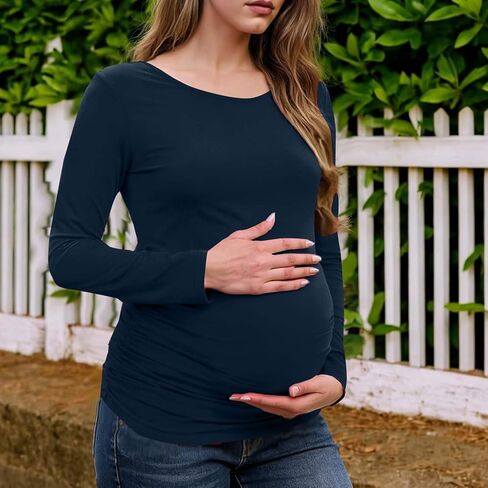 Long Sleeve Shirts for Women Maternity Tops Stretch Basic Maternity Shirts Soft Slim Fit Pregnancy Bodycon Tunic Tops Navy in Kuwait