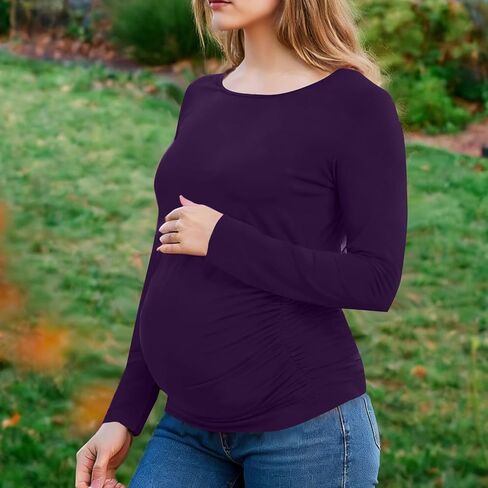 قمصان طويلة الأكمام للنساء قمصان الأمومة تمتد الأساسية الأمومة لينة سليم صالح الحمل Bodycon تونك القمم الأرجواني in Kuwait