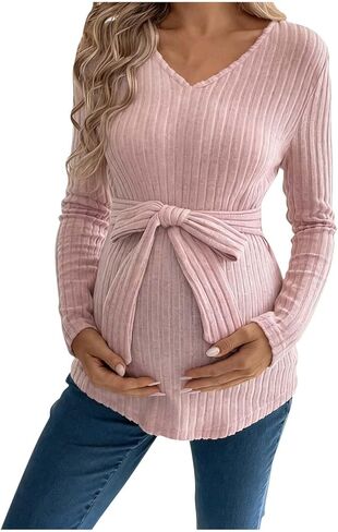 2026 Maternity Sweater Women Bow Shirts Long Sleeve Ribbed Knit Pregnancy Tops Casual Pregnant Blouses in Kuwait