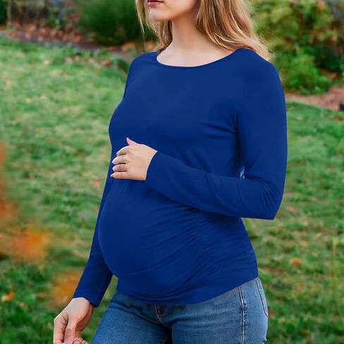 Long Sleeve Shirts for Women Maternity Tops Stretch Basic Maternity Shirts Soft Slim Fit Pregnancy Bodycon Tunic Tops Blue in Kuwait
