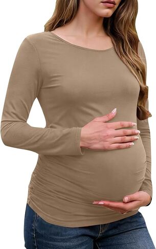Long Sleeve Shirts for Women Maternity Tops Stretch Basic Maternity Shirts Soft Slim Fit Pregnancy Bodycon Tunic Tops Khaki in Kuwait
