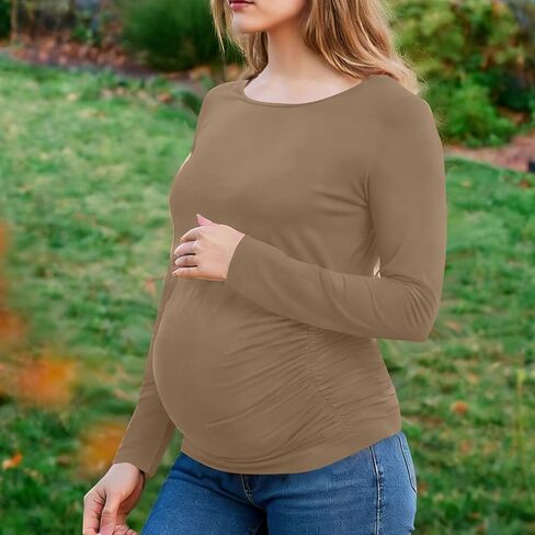 Long Sleeve Shirts for Women Maternity Tops Stretch Basic Maternity Shirts Soft Slim Fit Pregnancy Bodycon Tunic Tops Khaki in Kuwait