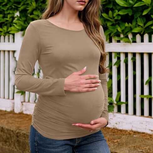 Long Sleeve Shirts for Women Maternity Tops Stretch Basic Maternity Shirts Soft Slim Fit Pregnancy Bodycon Tunic Tops Khaki in Kuwait