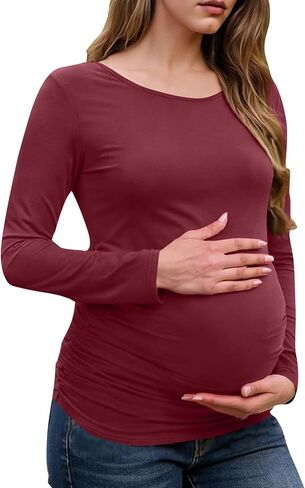 قمصان طويلة الأكمام للنساء ملابس الأمومة تمتد الأساسية قمصان الأمومة لينة سليم صالح الحمل Bodycon تونك القمم النبيذ in Kuwait