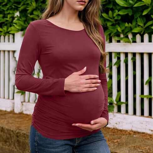 قمصان طويلة الأكمام للنساء ملابس الأمومة تمتد الأساسية قمصان الأمومة لينة سليم صالح الحمل Bodycon تونك القمم النبيذ in Kuwait