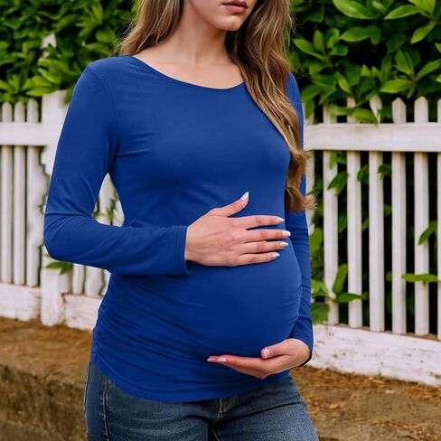 قمصان طويلة الأكمام للنساء قمصان الأمومة تمتد الأساسية الأمومة لينة سليم صالح الحمل Bodycon تونك القمم الأزرق in Kuwait