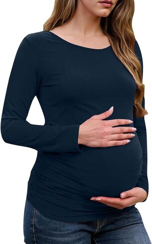 Long Sleeve Shirts for Women Maternity Tops Stretch Basic Maternity Shirts Soft Slim Fit Pregnancy Bodycon Tunic Tops Navy in Kuwait