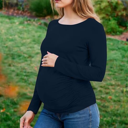 Long Sleeve Shirts for Women Maternity Tops Stretch Basic Maternity Shirts Soft Slim Fit Pregnancy Bodycon Tunic Tops Navy in Kuwait