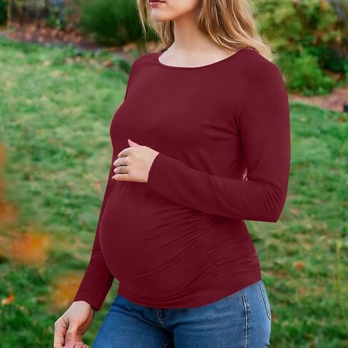 Long Sleeve Shirts for Women Maternity Tops Stretch Basic Maternity Shirts Soft Slim Fit Pregnancy Bodycon Tunic Tops Wine in Kuwait