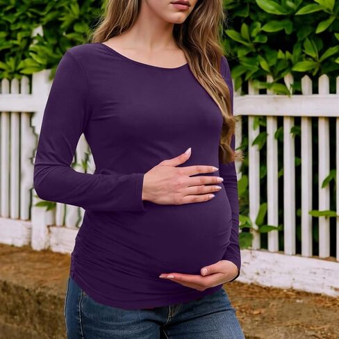 قمصان طويلة الأكمام للنساء قمصان الأمومة تمتد الأساسية الأمومة لينة سليم صالح الحمل Bodycon تونك القمم الأرجواني in Kuwait