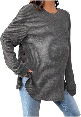 Ribbed Knit Maternity Shirts for Women Dressy Loose Split Side Tunic Tops Long Sleeve Comfy Pregnancy Blouse 2026 in Kuwait