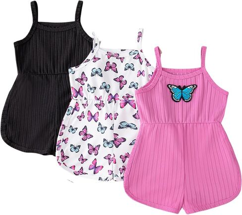 VARMILO 3-Pack Toddler Girl Sleeveless Romper - Butterfly Print Short Jumpsuit Summer Casual Outfit for Baby Girls in Kuwait