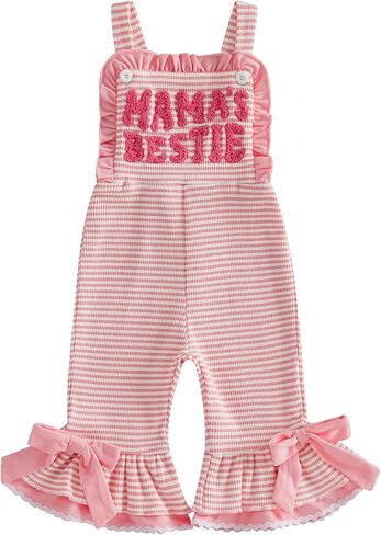 Aunties Bestie Baby Clothes Girl Sleeveless Bell Bottom Romper Letter Embroidered Striped Overalls Knit Jumpsuit in Kuwait