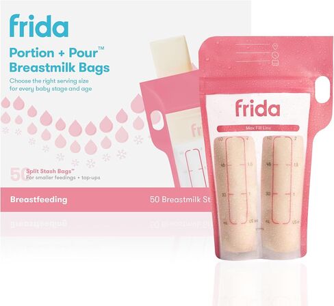 Frida Mom Breastmilk Storage Bags, 50ct Splitstash Freeze & Thaw Milk Bags for Breastmilk, Splits Bag into Two 2oz Portions, Leakproof Seal, Perfect Pour Spout, No Slip Finger Grip, BPA Free, 4oz Bag in Kuwait