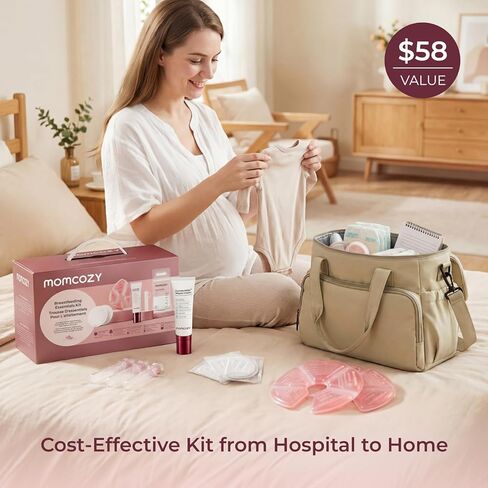 Momcozy 73pc Postpartum Essentials Kit, Initiate breastfeeding for New Moms, Hospital Bag Must Haves with Nursing Pads, Hot & Cold Breast Pads, Nipple Cream, Colostrum Collectors and Milk Storage Bags in Kuwait