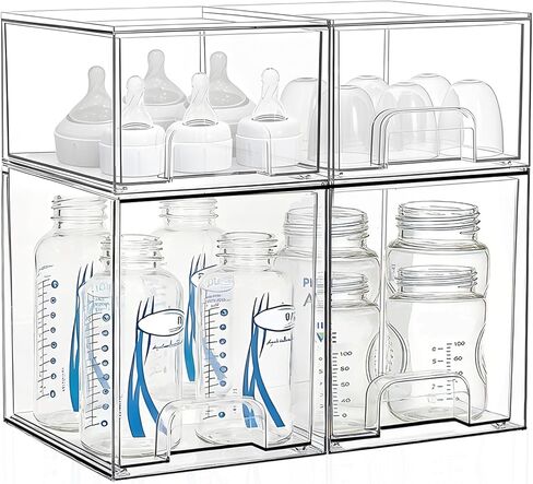 Baby Bottle Storage Organizer: Clear Stackable Storage Drawers, Acrylic Bottles Station Organizer Container for Countertop, Vanity, Bathroom, Cabinet Organization - 4 Pack in Kuwait