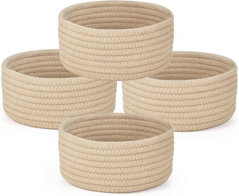 Dahey 4 Pcs Small Woven Baskets Set, Mini Cotton Rope Storage Bins for Organizing, Cute Tiny Round Decorative Baskets for Toys, Nursery Living Room Bathroom Home Decor, Beige in Saudi Arabia