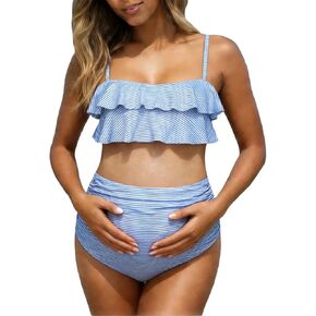 Maternity Swimsuit Two Piece High Waisted Ruffle Bikini Set Ruched Beach Adjustable Straps Pregnancy Bathing Suit in Saudi Arabia