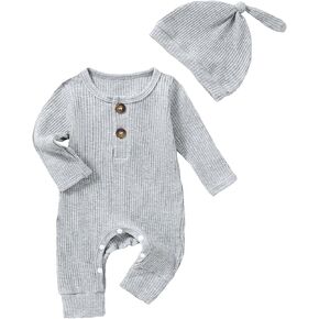 Newborn Baby Boy Girl Clothes Infant One Piece Rompers Solid Ribbed Knit Hat Long Sleeve Clothing Set in Kuwait