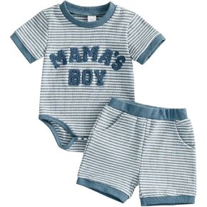 Douhoow Baby Boy Summer Outfits Short Sleeve Mamas Boy Embroidery Baby Waffle Romper Shorts Set Infant Festival Clothes in Kuwait