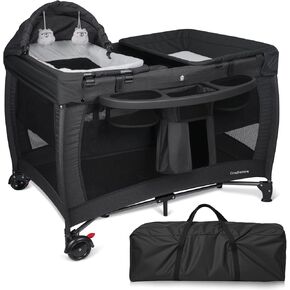 5 in 1 Pack and Play with Bassinet & Changing Table, Portable Foldable Playpen for Babies and Toddlers with Locking Wheels & Diaper Storage, Easy Fold Travel Playard (Black) in Kuwait