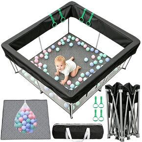 Foldable Baby Playpen, 50"×50" Collapsible Play Yard for Babies and Toddlers, No Assembly Required, Kids Safety Play Area with 4 Handles, 50 Balls and Visible Mesh, Black in Saudi Arabia