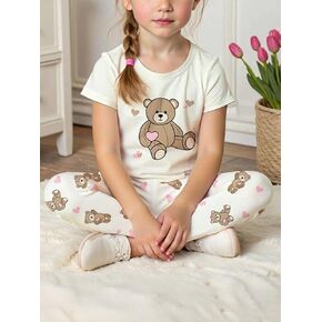 Girls clothes set 2-Piece Cute Bear Print Outfit with Teddy & Heart Pattern Short Sleeve Top & Pants in Kuwait
