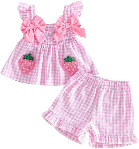 Baby Girl Summer Outfit Strawberry Embroidered Fly Sleeve Plaid Tank Tops Elastic Waist Ruffled Shorts Sets in Saudi Arabia