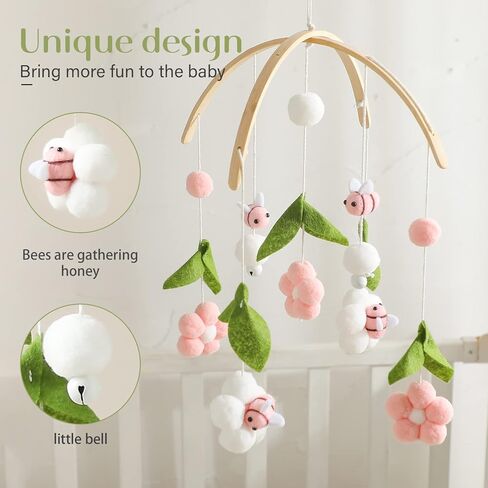 Wooden Wind Chime Bed Bell Crib Mobile, Neutral Pink Bee Baby Ceiling Mobile in Kuwait
